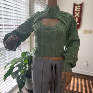 Elegant Sage Cable Knit Turtleneck Sweater